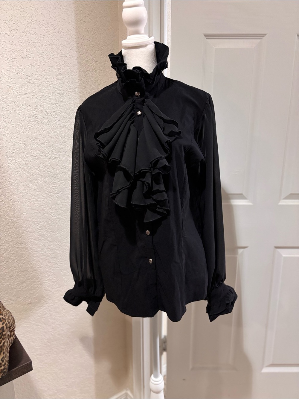 Women's Black Ruffle Front Blouse - Elegant High-Neck Top